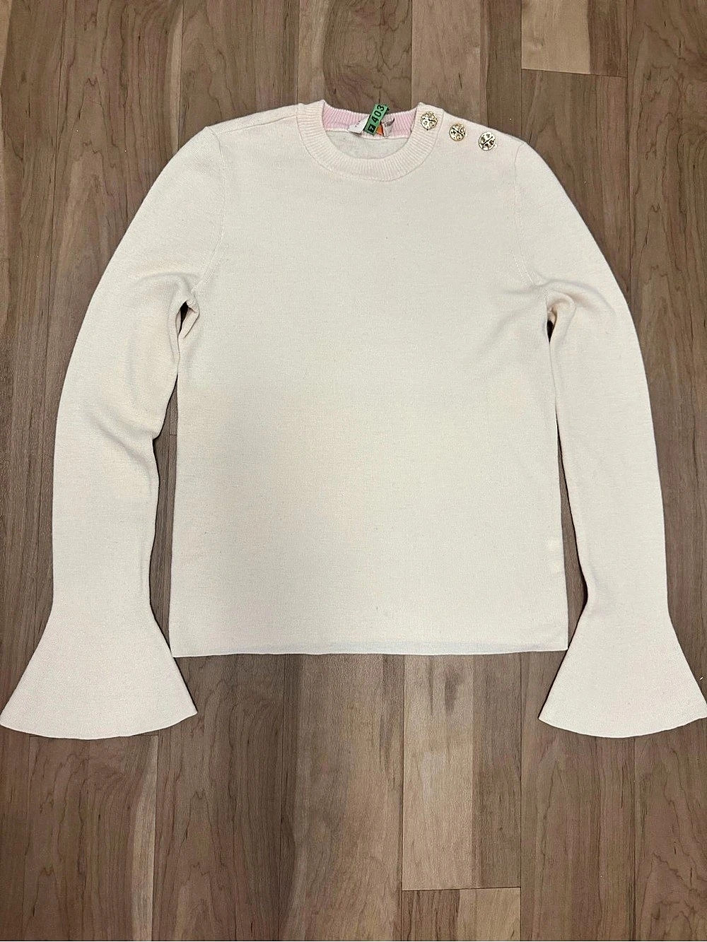 Tory Burch Kimberly Sweater Merino Wool Flare Sleeve Cream Medium